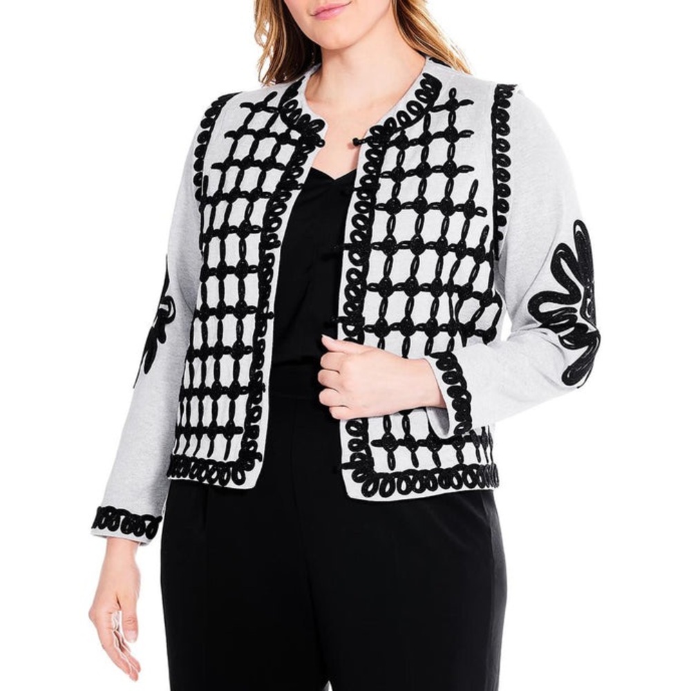 NIC + ZOE women’s APPLIQUÉ LAYERING BUTTON UP ROMANTIC SOUTACHE KNIT JACKET